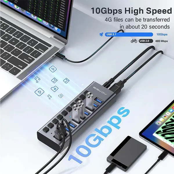 USB-хаб Acasis HS-710MG 10Gbps на 10 портів USB 3.1 з окремими перемикачами (Сірий) - фото 6