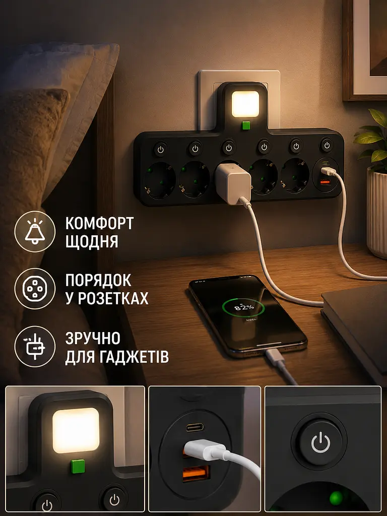 Адаптер у розетку на 5 розеток із 2 USB і Type-C 17 Вт, окремими вимикачами та LED-нічником, чорний (49676254) - фото 8