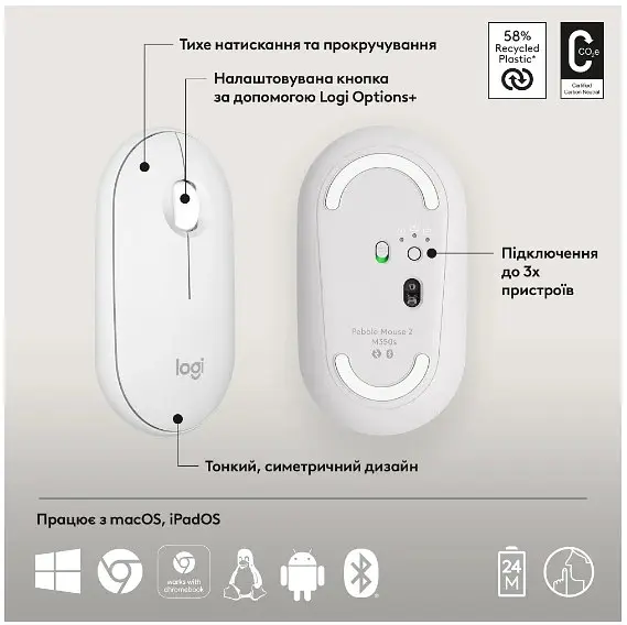 Миша Logitech Pebble Mouse 2 M350s Tonal White (910-007013) - фото 6