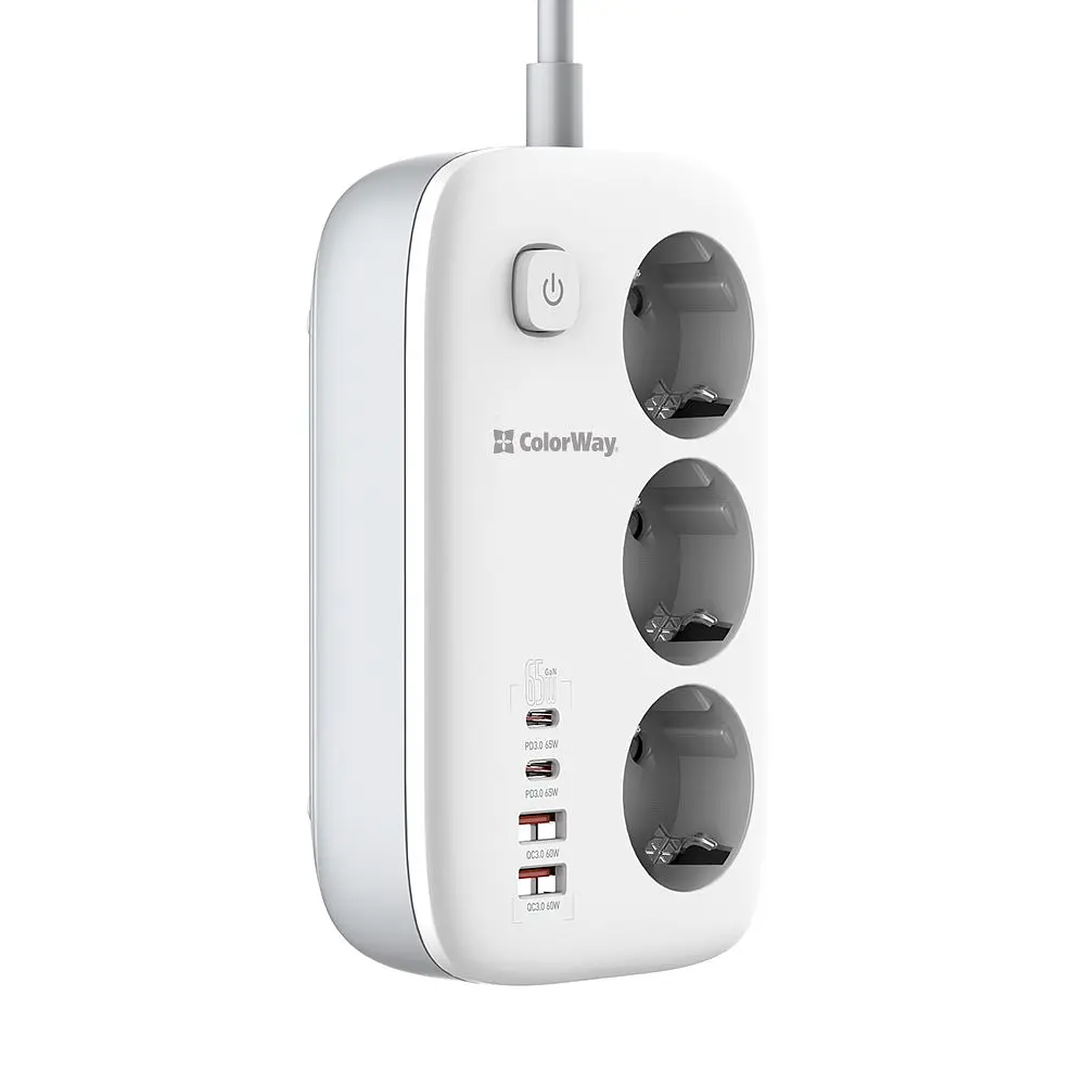 Мережевий фільтр-подовжувач СolorWay 3 розетки/4USB GaN3 Pro PD (2USB-A + 2 TYPE-C) (65W) 2 м (CW-CHE34PDW) - фото 4