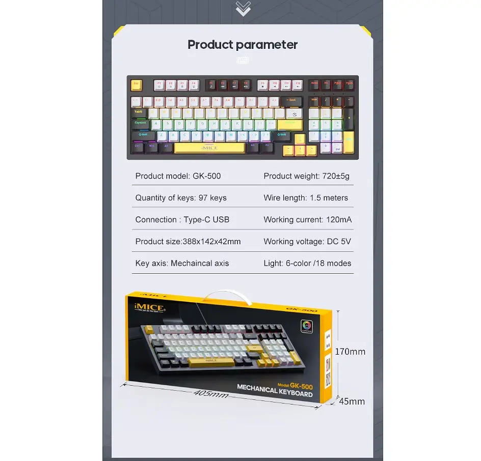 Клавіатура механічна ігрова з підсвічуванням iMICE GK-500 USB Wired Type-C, Eng/Укр/Рус, Black - фото 12