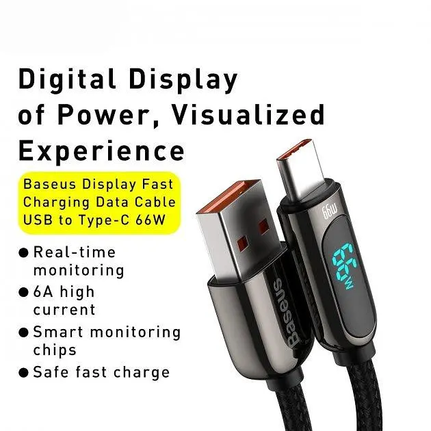 Кабель Baseus Display Fast Charging Cable USB to Type-C 66W 1m CASX020001 Black - фото 3