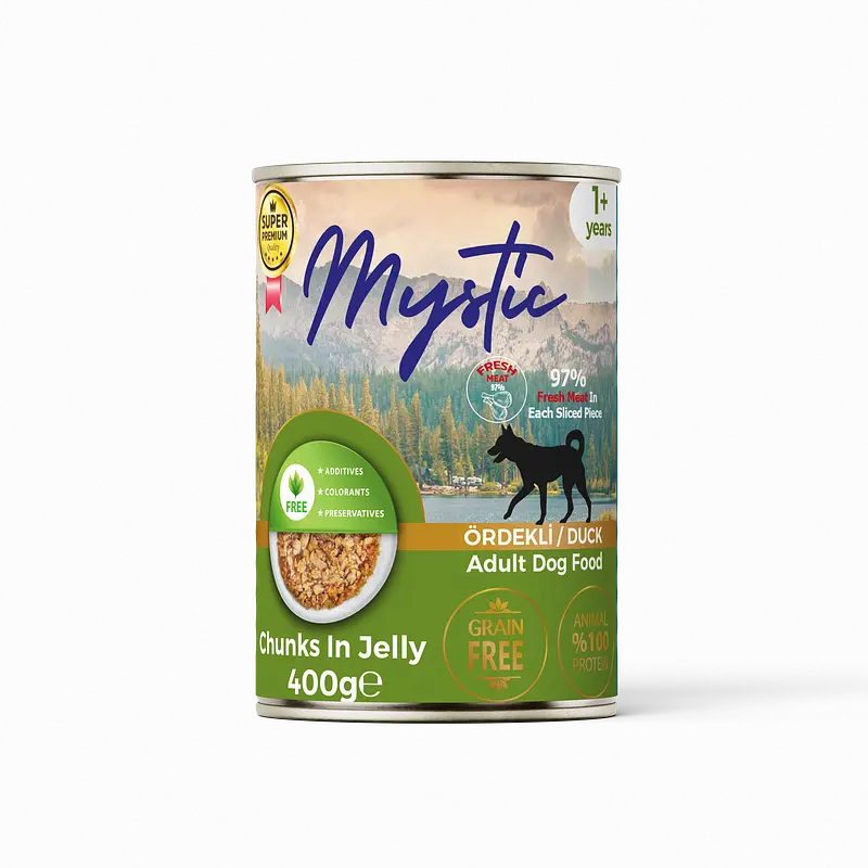 Вологий корм Mystic для собак шматочки качки в желе 400г.