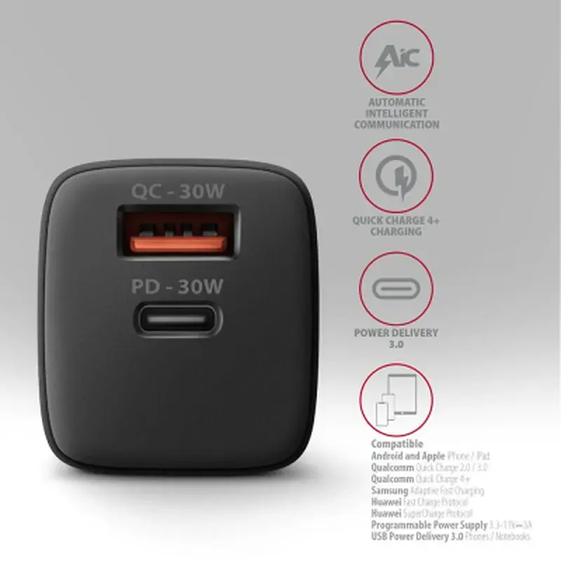Зарядний пристрій AXAGON 1xUSB QC4.0 + 1xUSB-C PD30W PPS black (ACU-PQ30) - фото 5