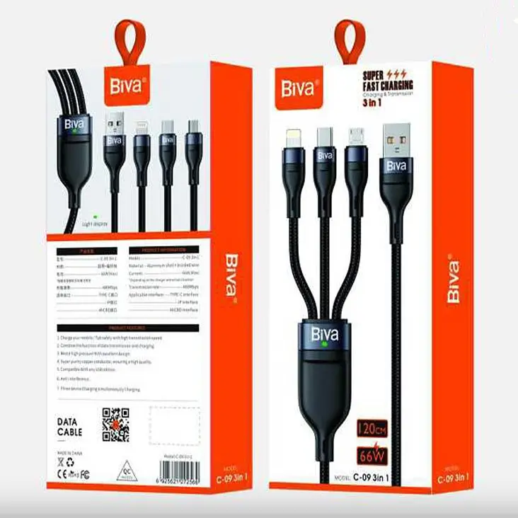 Кабель Biva C-09 3 in 1 66w 1.2 m cable Black - фото 2