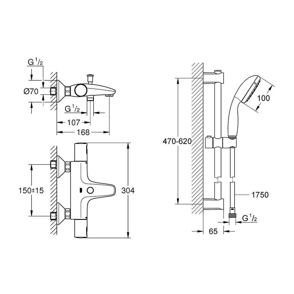 Термостат для ванни Grohe QuickFix Start Black + Душовий гарнітур Vitalio Start 100 UA303907T1, Чорний матовий - фото 2