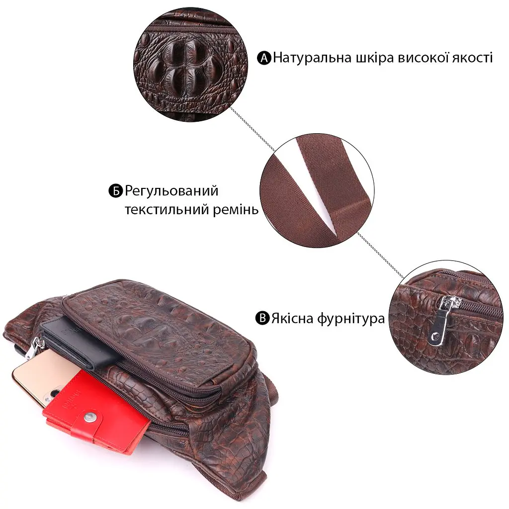 Модна поясна сумка з натуральної шкіри з фактурою під крокодила 21298 Vintage коричнева - фото 5