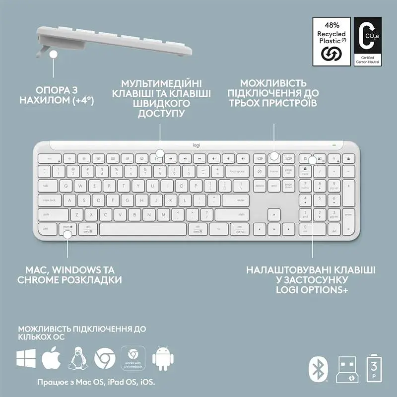 Клавiатура бездротова Logitech Signature Slim K950 US OffWhite USB (920-012466) - фото 8