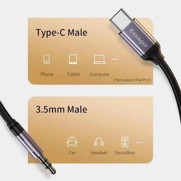 Аудіо-перехідник Type-C to AUX Mini-Jack 3.5 mm Essager 1М Кабель Аукс на Тайп-С (USB-C) Black-Grey (695523740259) - фото 6
