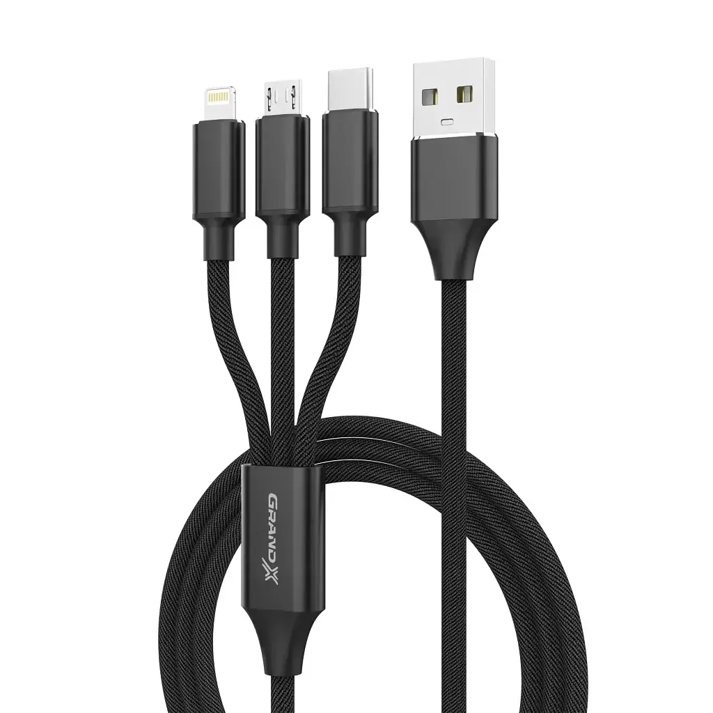 Дата кабель USB 2.0 AM to Lightning + Micro 5P + USB-C 1.0m 2.4-3A black Grand-X (PX-31B) - фото 2