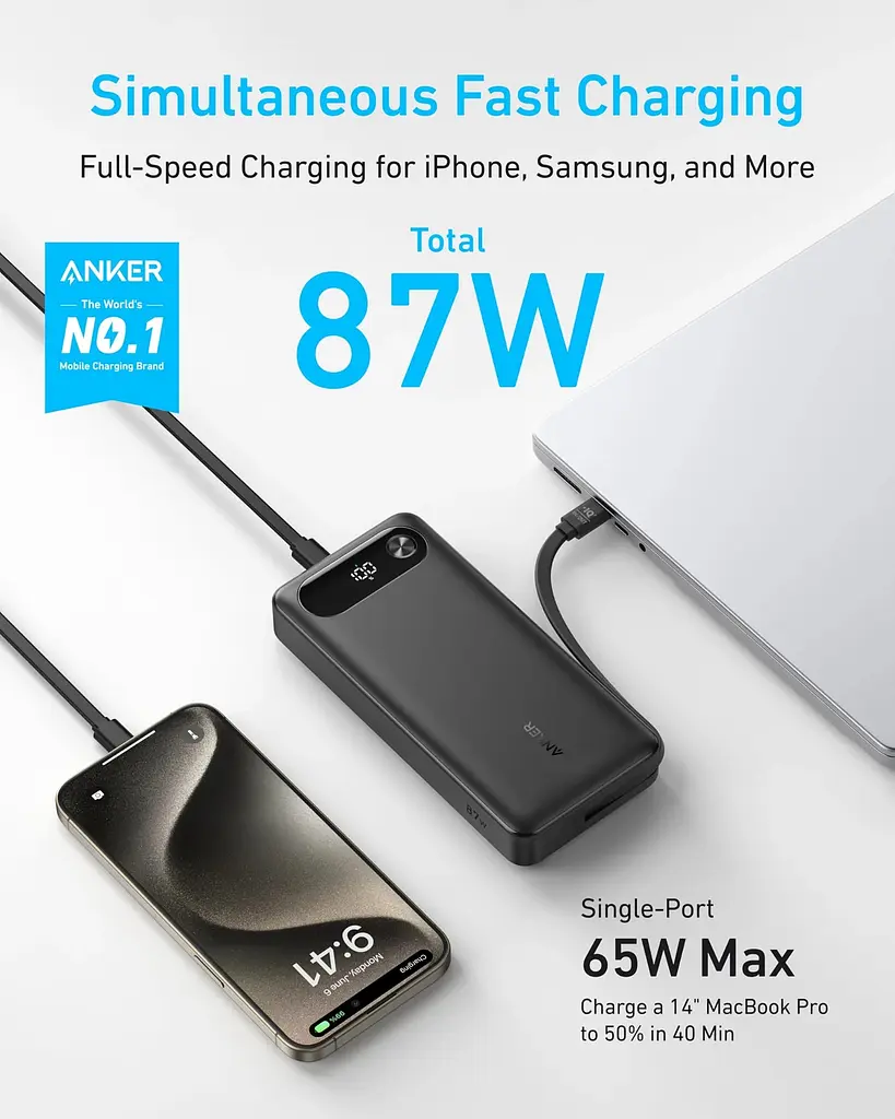 Портативний зарядний пристрій PowerCore - 20000 mAh 87W PD Built-In USB-C Cable Black Anker teh0027063 - фото 4