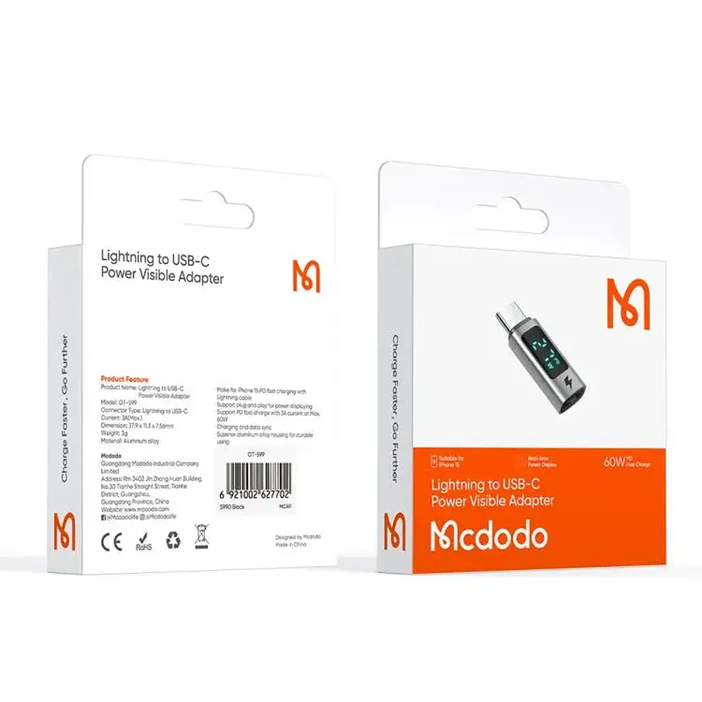 Адаптер McDodo Digital display Lightning to USB-C PD 60W Connector OT-5990 Black - фото 2