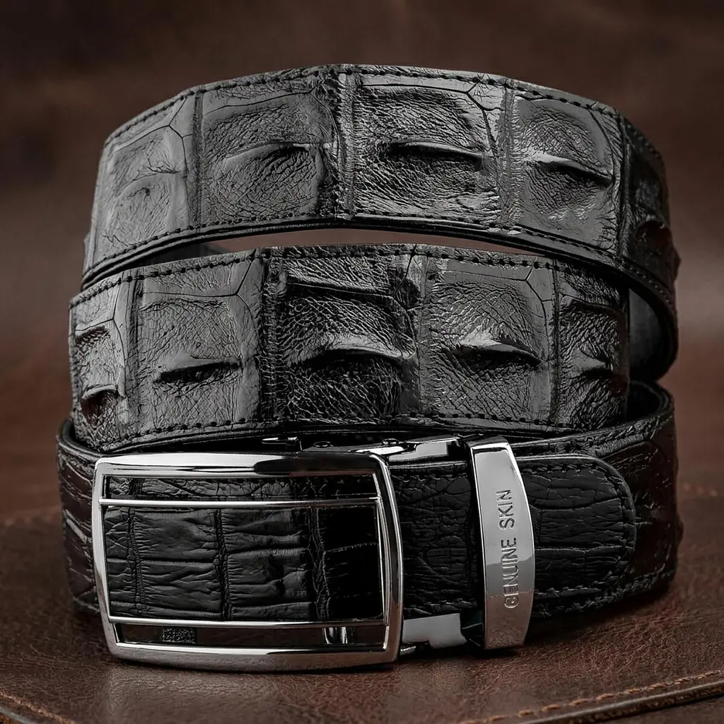 Ремінь-автомат CROCODILE LEATHER 18236 з натуральної шкіри крокодила (каймана) чорний 120 см