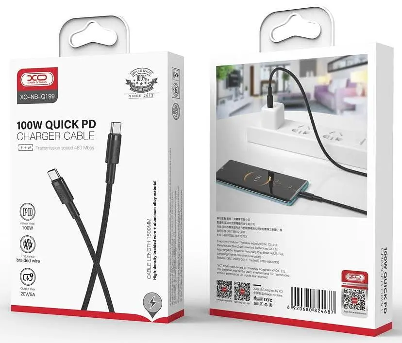 Кабель XO USB NB-Q199 Type-C-Type-C 100W 5A 1.5m Black (G-000001610) - фото 3