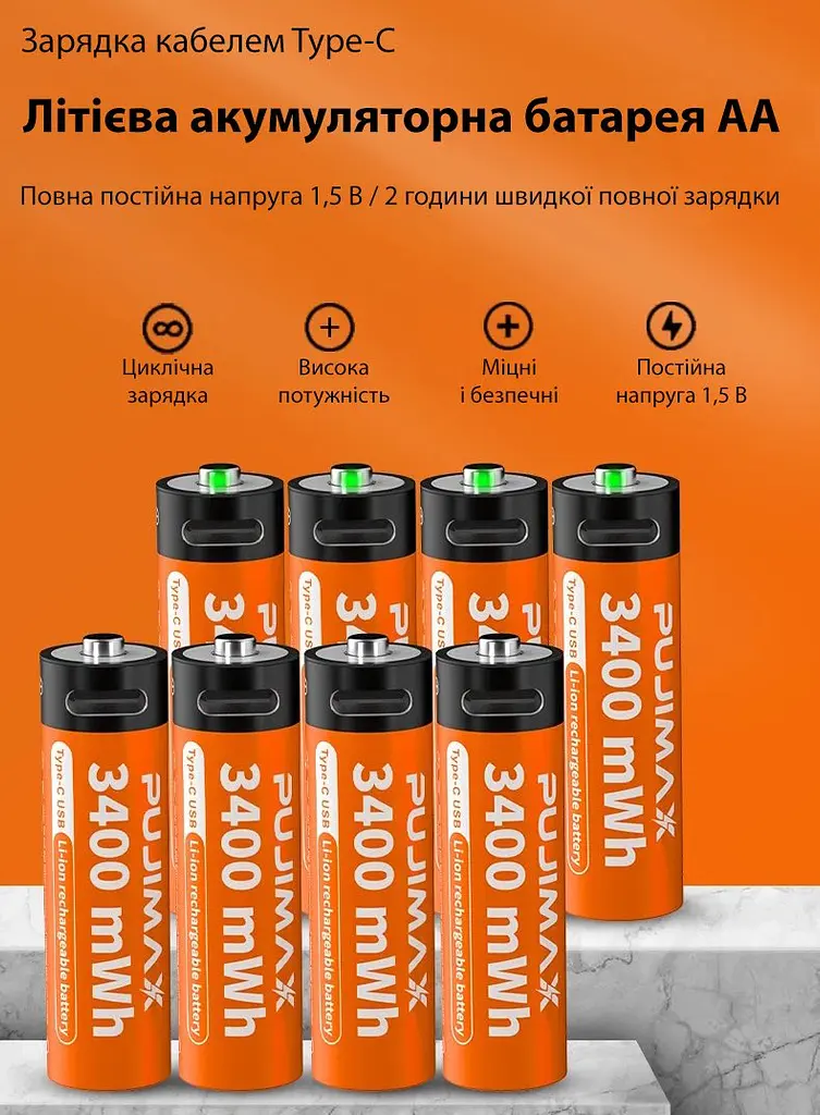 Акумулятори пальчикові AA з входом USB Type-C 3400mWh 1.5V акумуляторні батареї з роз'ємом для зарядки в іграшки пульти - фото 5