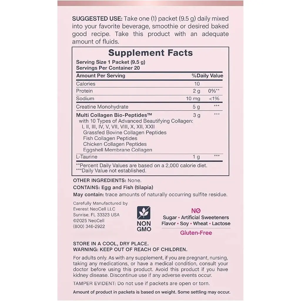 Креатин та мультиколагенові біо-пептиди Neocell Creatine + Multi Collagen Bio Peptides Protein 20 стіків по 9.5 г - фото 4