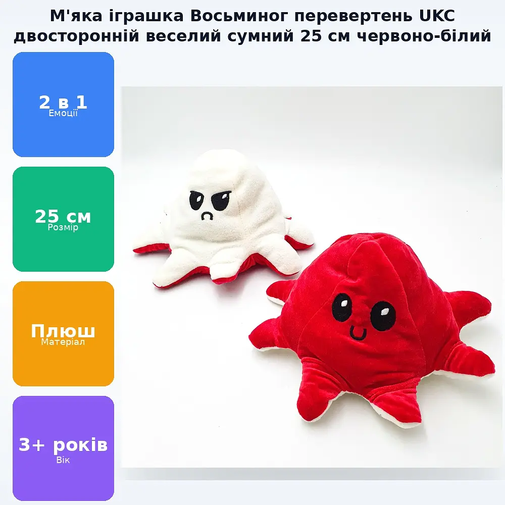 М'яка іграшка Восьминіг перевертень двосторонній веселий сумний Mood Octopus 25 см UKC червоно/білий - фото 2