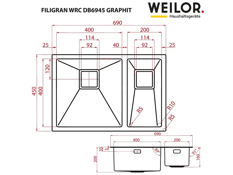 Кухонна мийка Weilor Filigran WRC DB6945 Graphite - фото 5