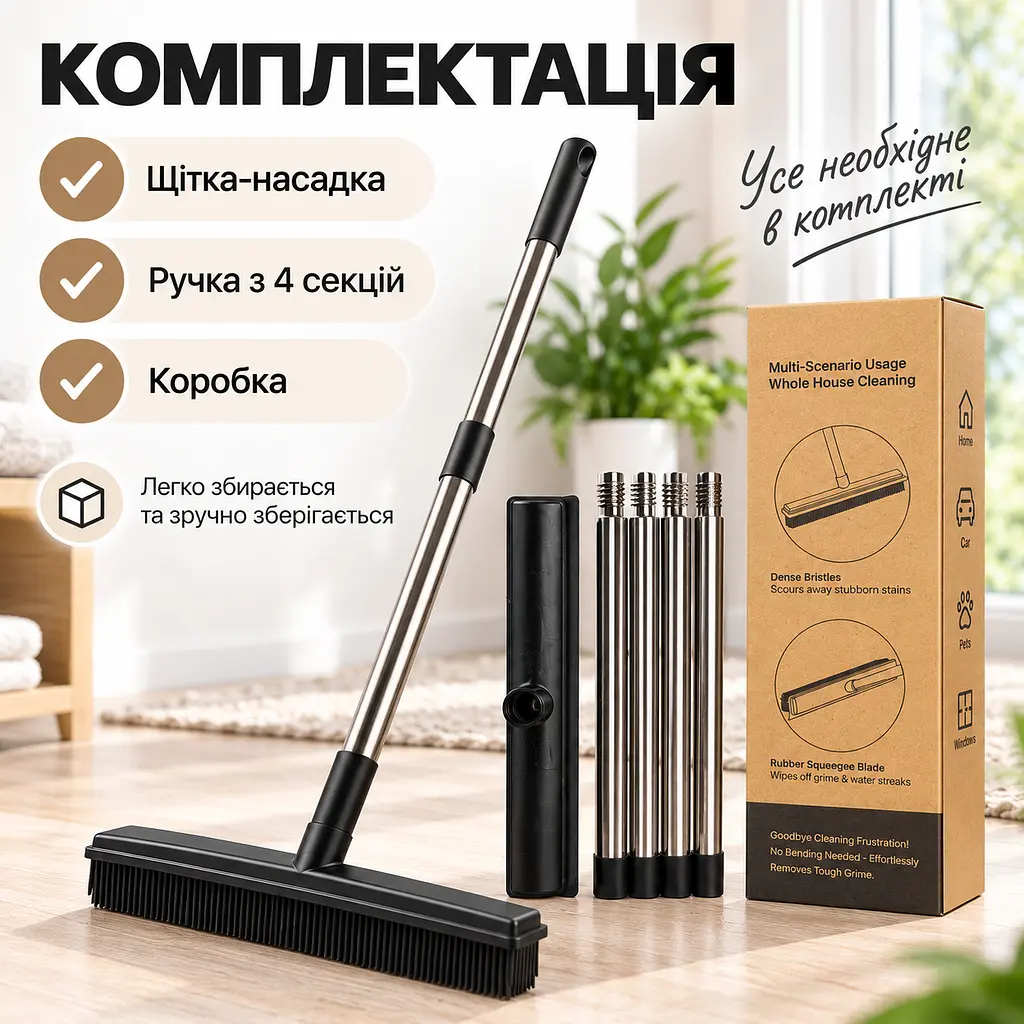 Універсальна гумова щітка-швабра 4 в 1 для підлоги, килимів, шерсті та вікон, ручка з нержавіючої сталі KT9005102 - фото 8
