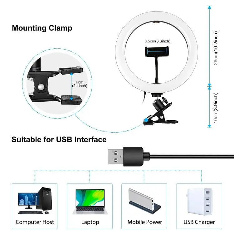 Кильцева USB LED лампа Puluz PKT3126B 10.2" + затискач - фото 3