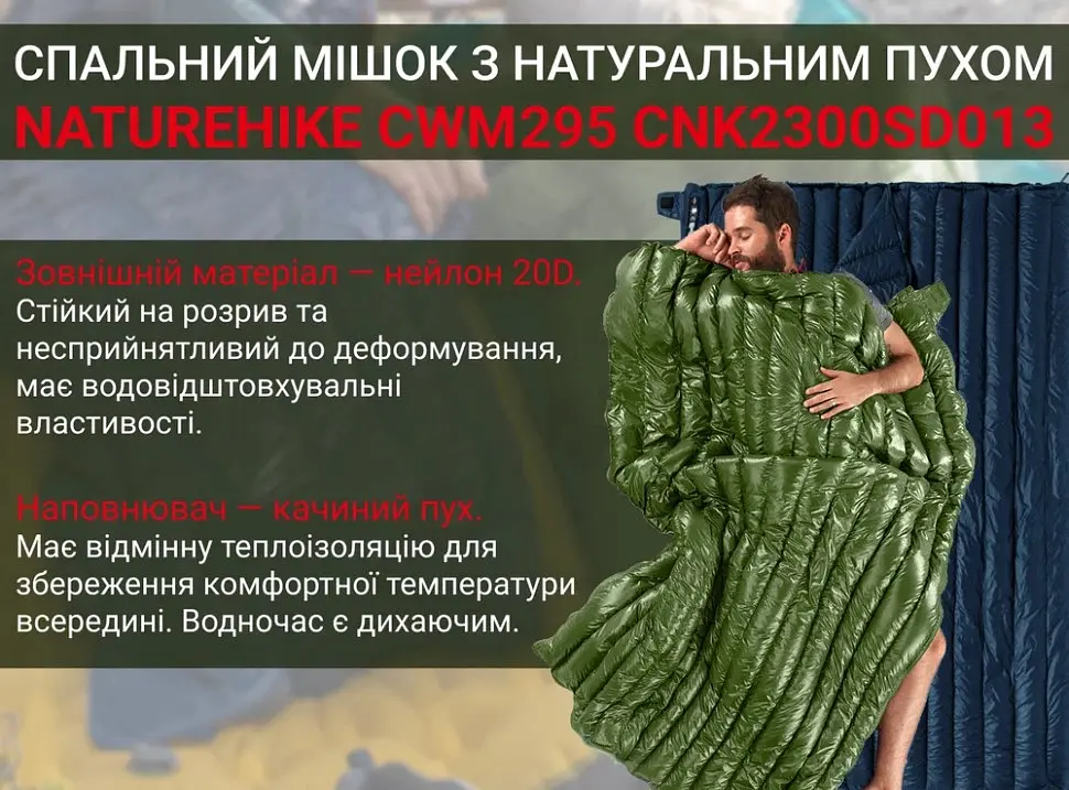 Спальник Naturehike CWM400 (CNK2300SD013) +6°C – с натуральным пухом - зеленый - фото 6