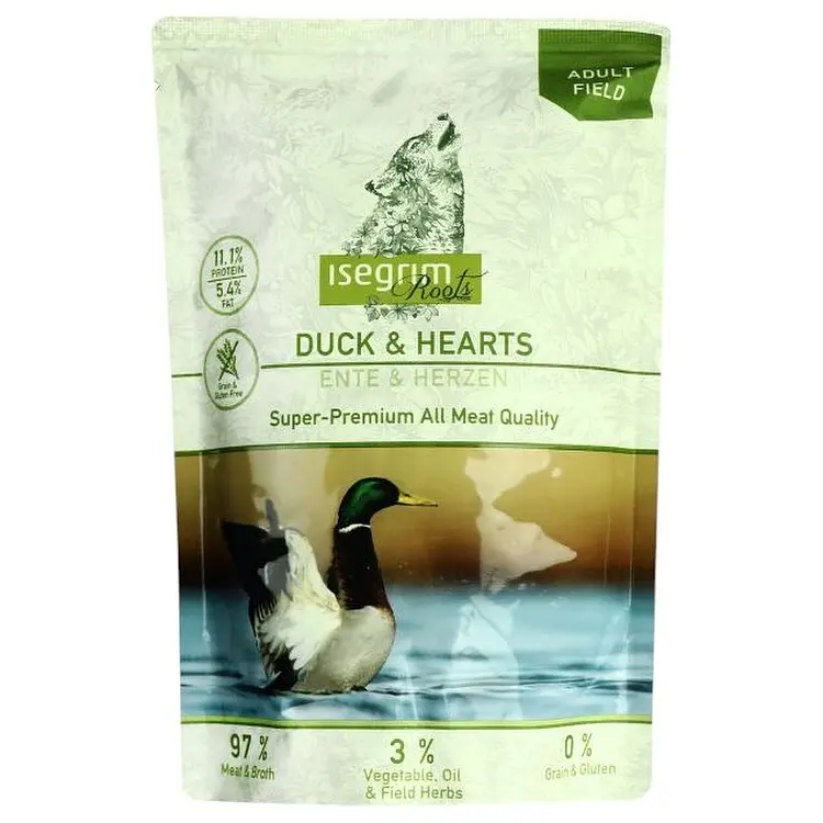 Набір вологого корму для дорослих собак Isegrim Adult Pouch Roots Multipack II Duoprotein: Лосось і форель, Качка з сердечками, Олень та дичина 2.46 кг (6 паучів по 410 г) - фото 4
