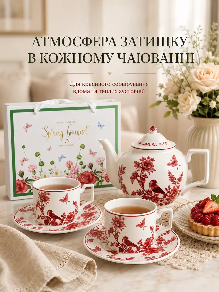 Чайний сервіз із порцеляни 8 предметів на 2 персони у подарунковій упаковці білий з червоним візерунком (37261979) - фото 7
