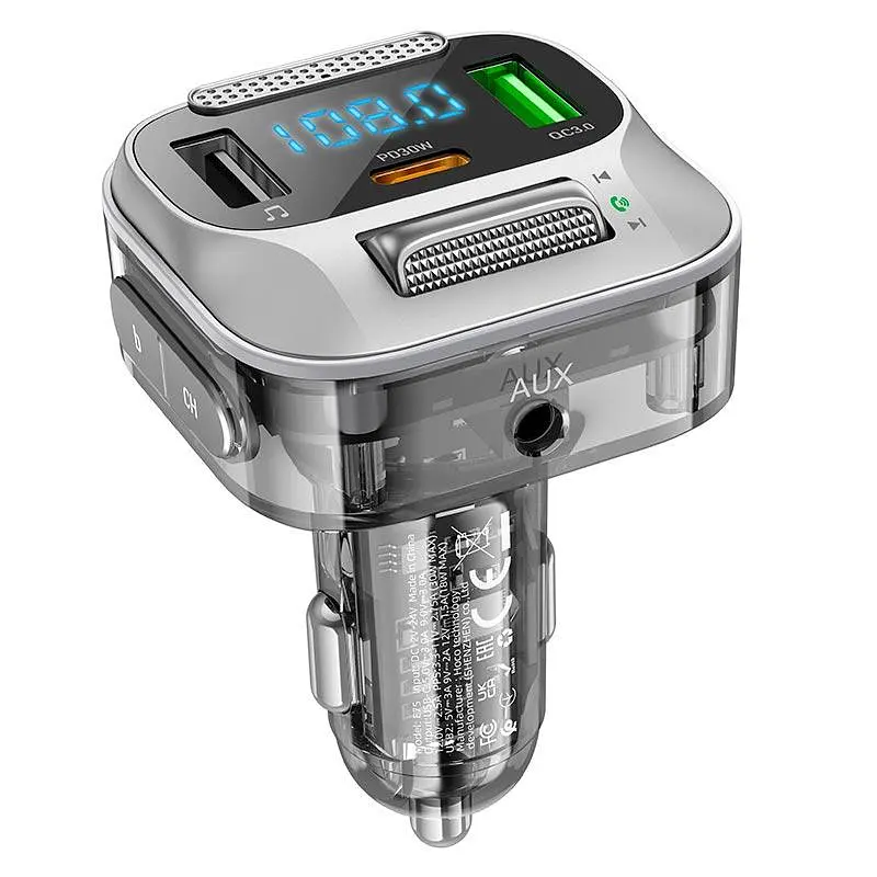 Адаптер ФМ трансмітер для авто HOCO Bravery car BT FM transmitter E75 3 порти 30 вт прозорий - фото 2