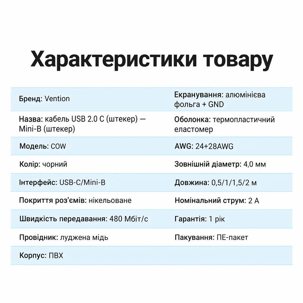 Кабель Vention COWBF USB-C - Mini-USB 1 м чорний (COWBF) - фото 8