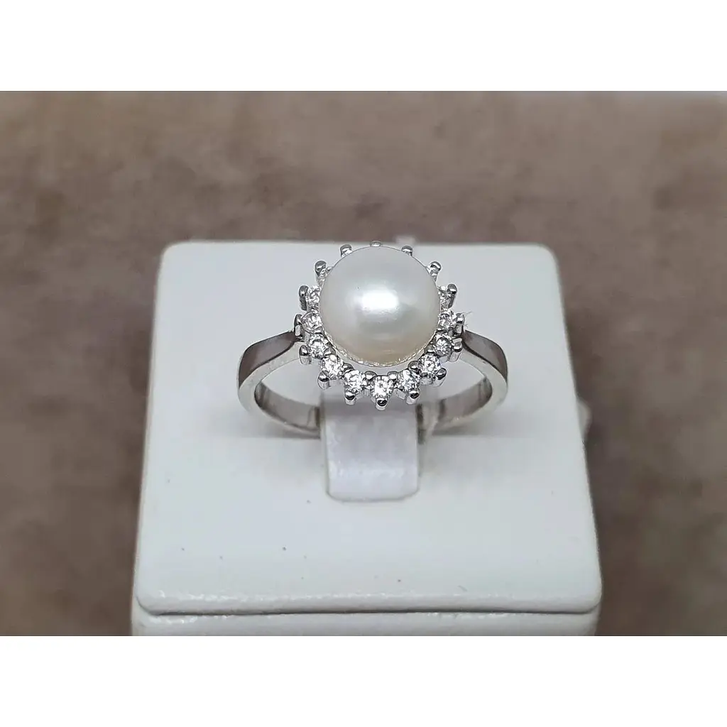 Срібне кільце TOP Silver з перлами і фіанітами. 9510165Б 19 - фото 4