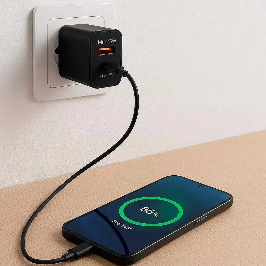 Зарядний пристрій USB-C + USB-A 35W з кабелем 1 м, адаптер для телефону, чорний - фото 5