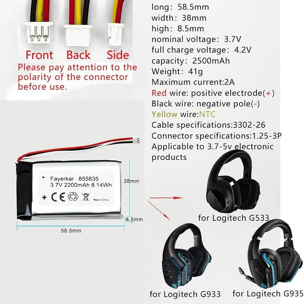 Faryerkar 3,7 В 2200 мАч Літій-іонний акумулятор для Logitech G933, G533, G935, G933S, G533S Бездротова заміна батареї - фото 5