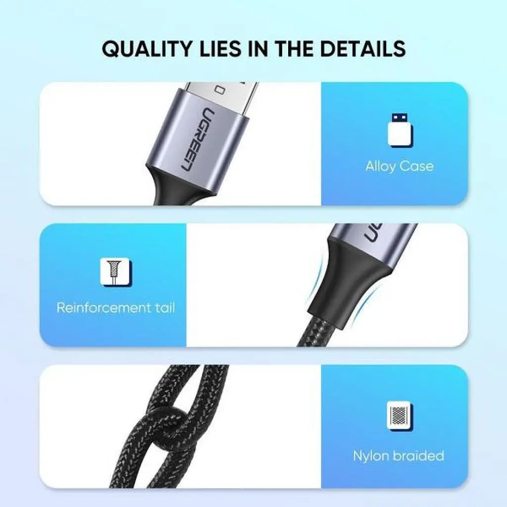 Дата кабель USB 2.0 AM to Type-C 2.0m US288 Aluminum Braid Black Ugreen (60128) - фото 7