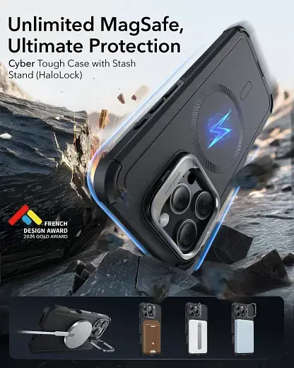 Протиударний чохол з підставкою ESR Cyber ​​Tough Case з Stash Stand (HaloLock) Black для iPhone 16 Pro (1A7650102) - фото 2