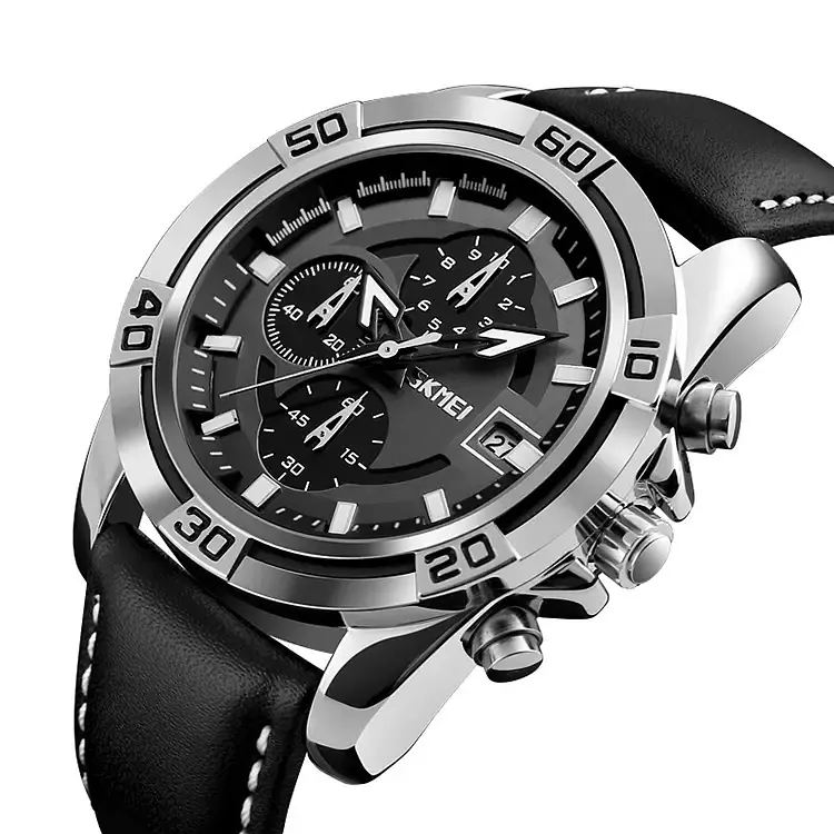 Наручний годинник Skmei 9156 шкіряний ремінець Silver Black (16706) - фото 2