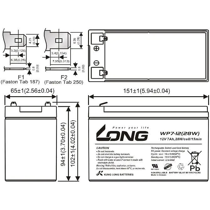 Акумуляторна батарея для ДБЖ Long AGM VRLA 12 V / 7 А*ч (WP7-12(28W)) - фото 2
