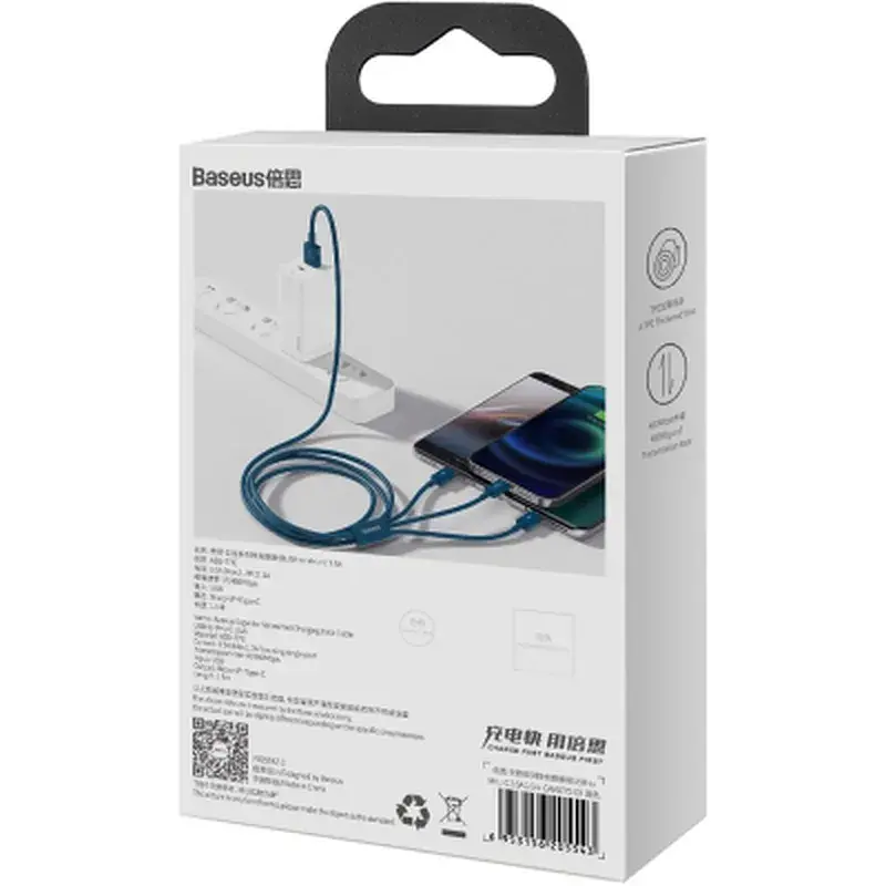 Дата кабель USB 2.0 AM to Lightning + Micro 5P + Type-C 1.5m 3.5A blue Baseus (CAMLTYS-03) - фото 7