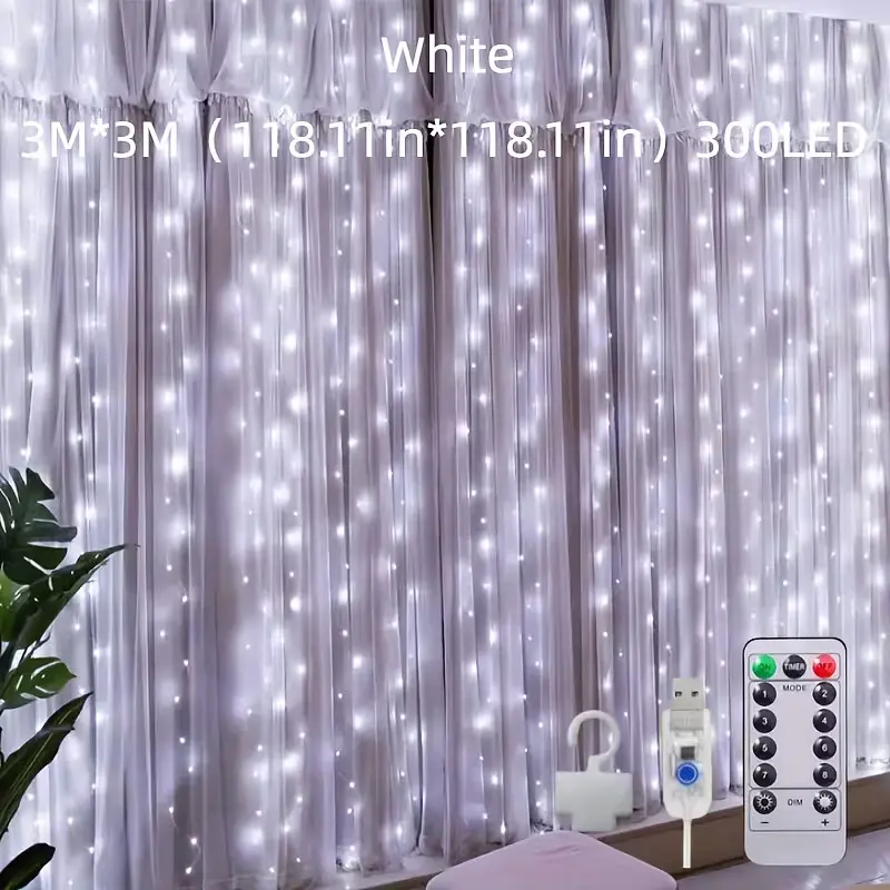 Гірлянда завіса штора 3*3м 300LED USB c пультом 8 режимів для прикрас вікон і тераси, холодний білий - фото 3
