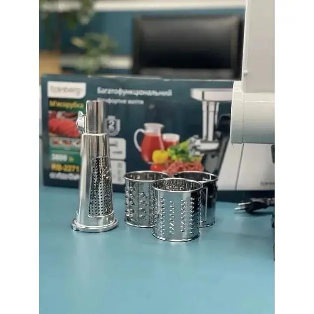 Електрична м'ясорубка Rainberg RB-2271 3 решітки 4 насадки 3000 Вт Сіра - фото 4