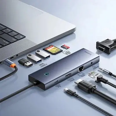 Концентратор Baseus USB-C 10-in-1 HDMI 4K60Hz + VGA + 3xUSB 3.0 + PD + RJ45 1000Mbps + SD/TF + 3.5mm gray (B0005280C811-00) - фото 7