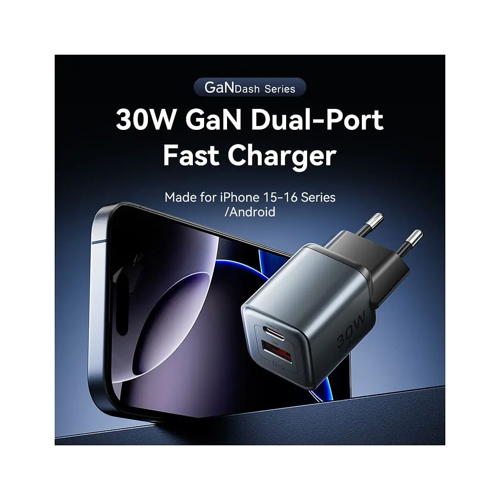 Зарядний пристрій Vention 1xUSB-C PD 30 Вт + 1xUSB QC 3.0 18 Вт GaN сірий (FEWH0-EU) - фото 3