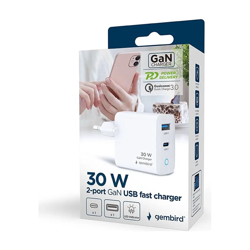 Зарядний пристрій Gembird 1xUSB-C PD30W + 1xUSB QC3.0 LED white (TA-UC-PDQC30L-W-01) - фото 5