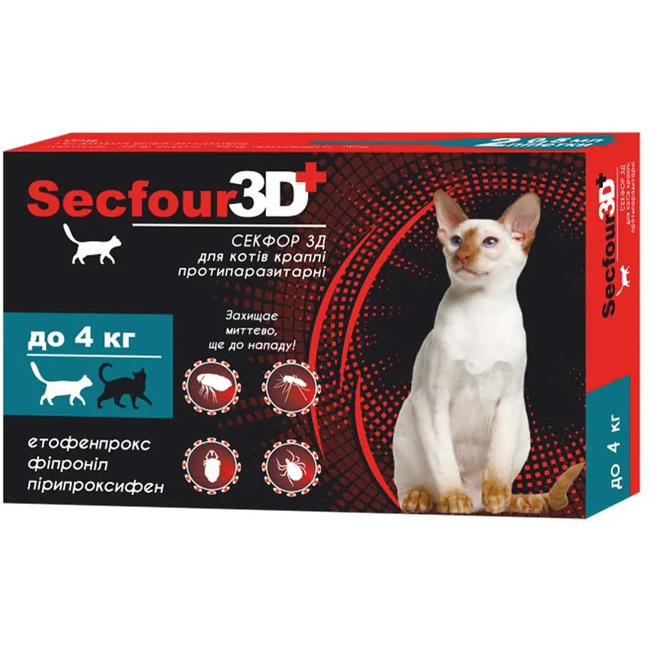 Краплі протипаразитарні Fipromax Secfour 3D для котів до 4 кг 0.5 мл 2 шт. - фото 2