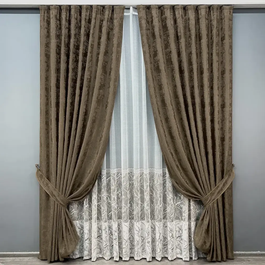 Комплект штор з тюлем VR-Textil Жакард Мармур, коричневий з білим, 2 штори 100×270 см + тюль 300×270 см, арт. 71-119/1