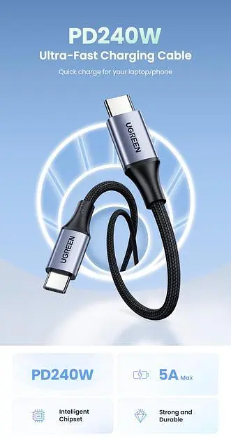 Кабель PD3.1 USB-C 240W UGREEN US535 Type-C для Type-C для швидкого заряджання ноутбука, планшета, телефону 5А 48V - фото 2