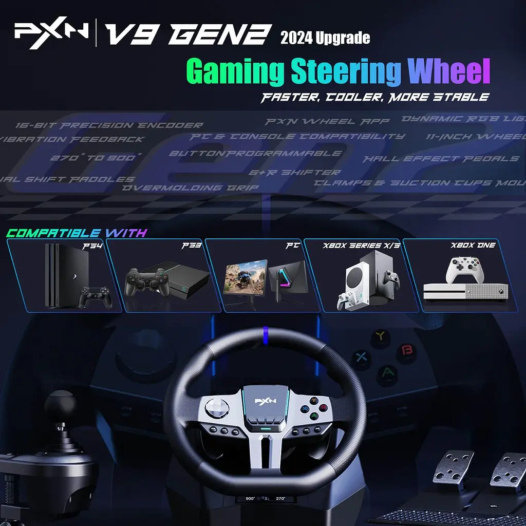 Руль и педали и коробка передач PXN V9 GEN2 Bundle for PS4/XBOX/Xbox Series X|S/PC - фото 10