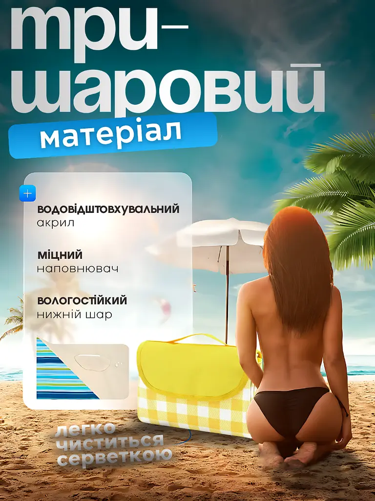 Водостійкий універсальний килимок для пляжу і пікніка, зі збільшеною підстилкою 200x200 см, Жовтий у клітинку (1659146542) - фото 6