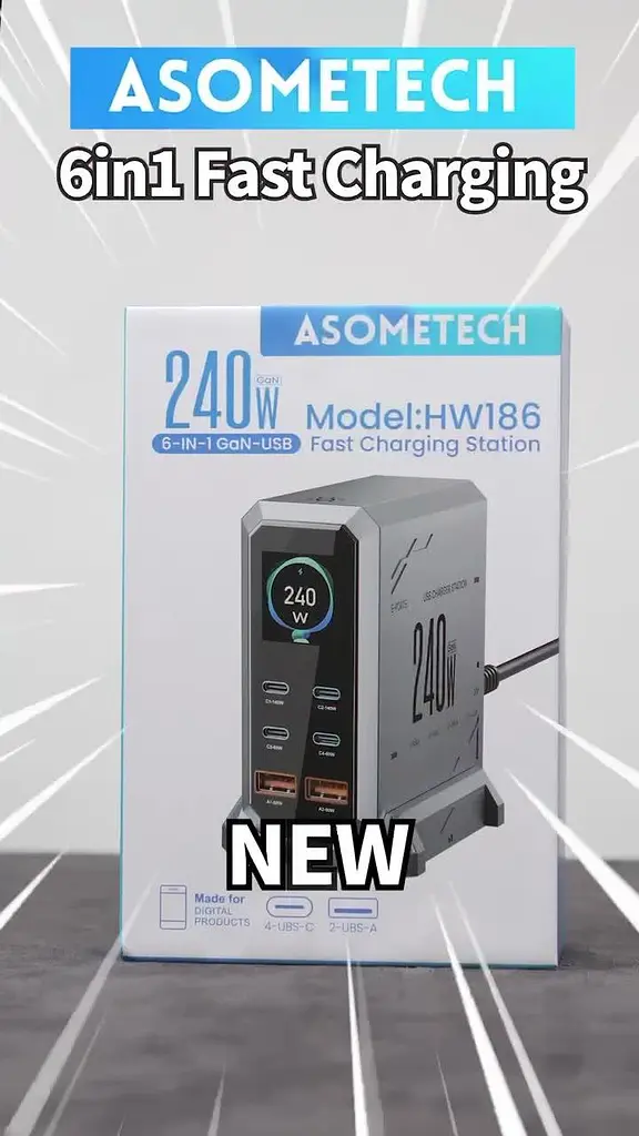 Зарядний адаптер - станція хаб живлення Asometech HW186 6-в-1 GaN 240W USB Type-C 6 портів - фото 10