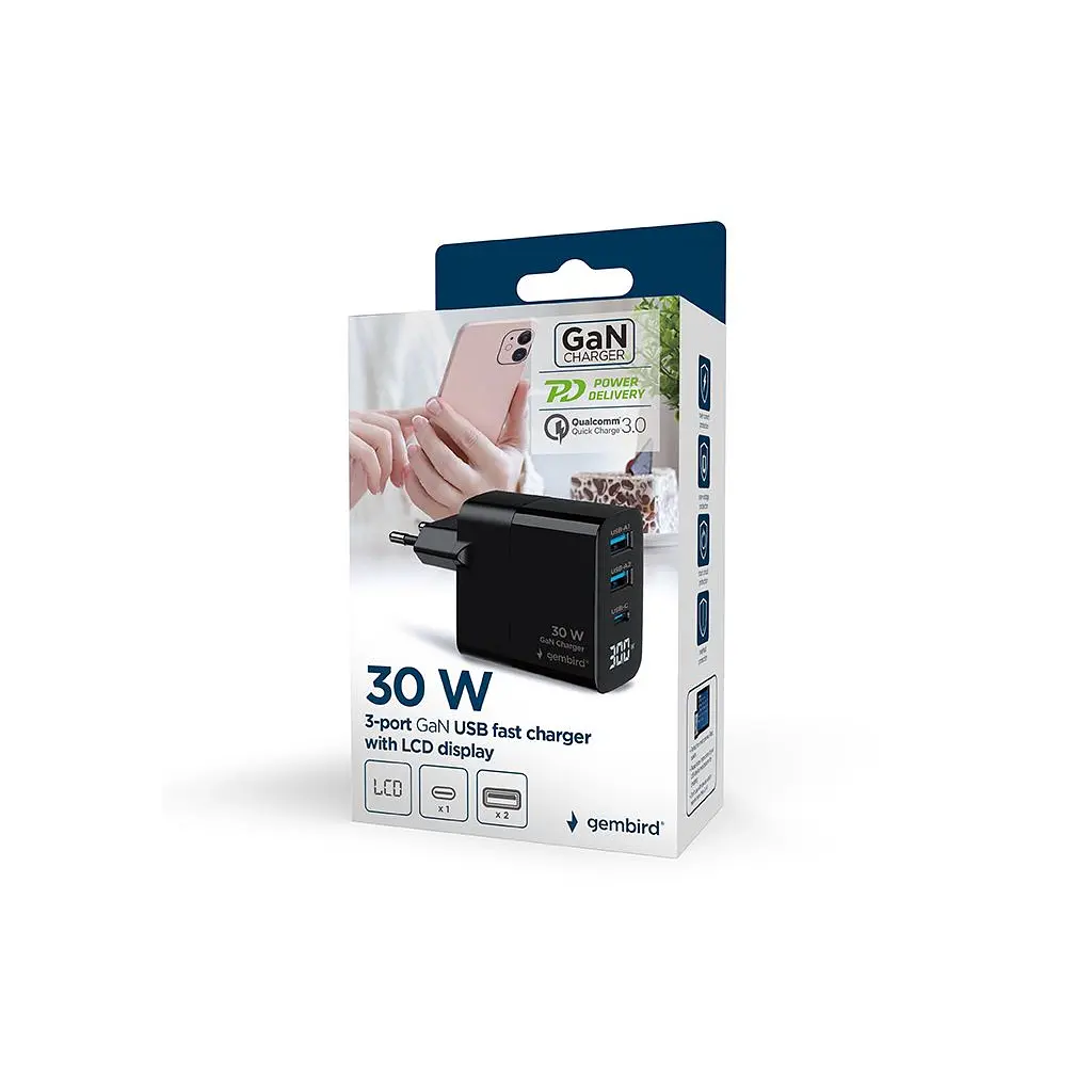 Зарядний пристрій Gembird 2хUSB-A (QC3.0 18W) + 1хType-C (PD20W) LCD black (TA-UC-PDQC30LCD-BK-02) - фото 8