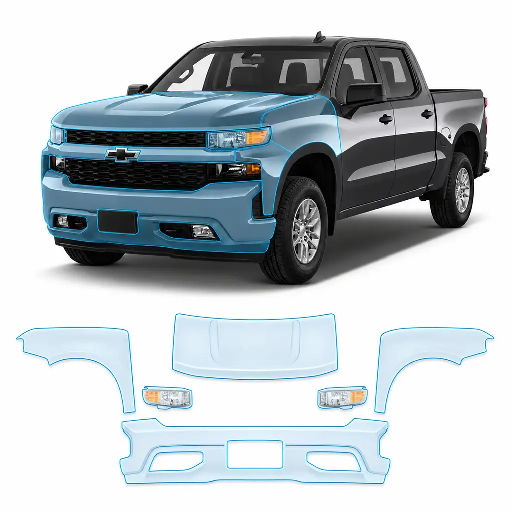 Антигравійна захисна бронеплівка за лекалами для Chevrolet Silverado IV 2019-2021 - передня частина авто (капот бампер крила))